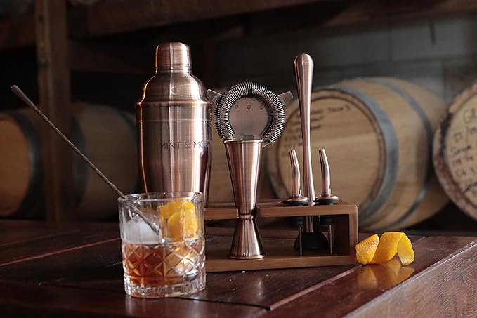 Mint & Mortar Cocktail Shaker Set, 7-Piece Bartender Kit with Stand, 24oz Martini Shaker Bottle Stainless Steel Bar Tools, Home Bar Accessories Drink Mixer, Barware Gift Set - Brushed Copper