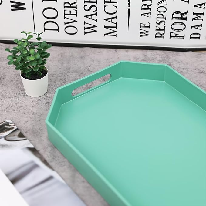 Green Octagonal Serving Tray with Handles for Coffee Table, Plastic Decorative Tray for Ottoman, Kitchen Counter, Living Room, Outdoor Lacquer Tray for Entertaining