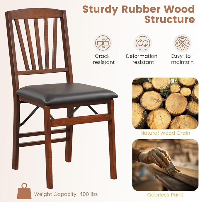 KOTEK Folding Dining Chairs Set of 4, Wooden Kitchen Chairs with Padded Seat & Solid Wood Frame, 400 LBS Weight Capacity, No Assembly Foldable Chair for Dining Room, Living Room