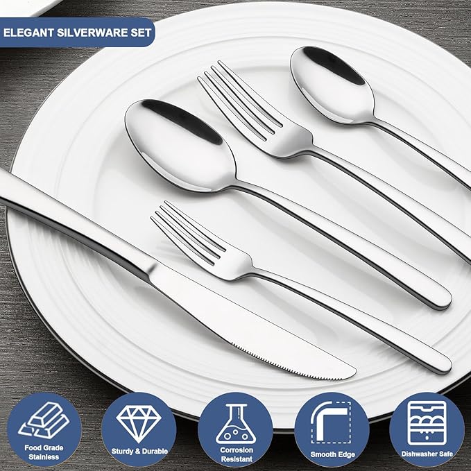 30-Piece Silverware Set for 6, Wildone Premium Stainless Steel Flatware Set, Heavy Duty Cutlery Utensil Set for Home Restaurant, Include Fork Knife Spoon Set, Dishwasher Safe