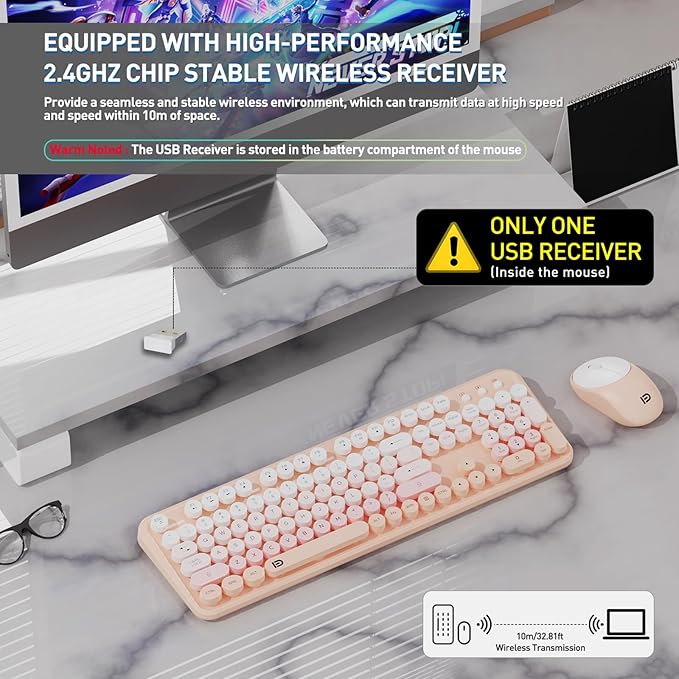 FD 2.4GHz Wireless Keyboard and Mouse Set with Switch Button - Full-Size Keyboard - Compatible for Windows/Laptop/PC/Notebook/Smart TV and More - Light Pink Colorful