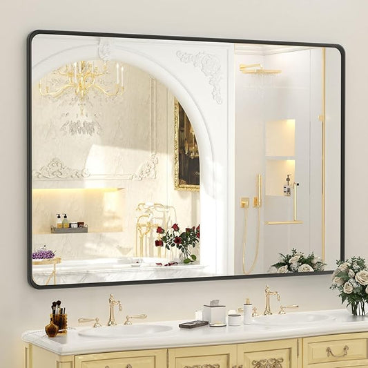 OKPAL 50X40 Inch Matte Black Bathroom Mirror, Black Framed Bathroom Vanity Mirror, Black Rectangle Mirror, Round Corner, Rustproof, Shatter-Proof (Horizontal/Vertical)