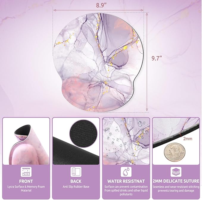 Ergonomic Mouse Pad with Wrist Rest, Purple Mousepad with Non-Slip Rubber Base and Smooth Surface, Small Mouse Pads for Desk, Office Desk Accessories