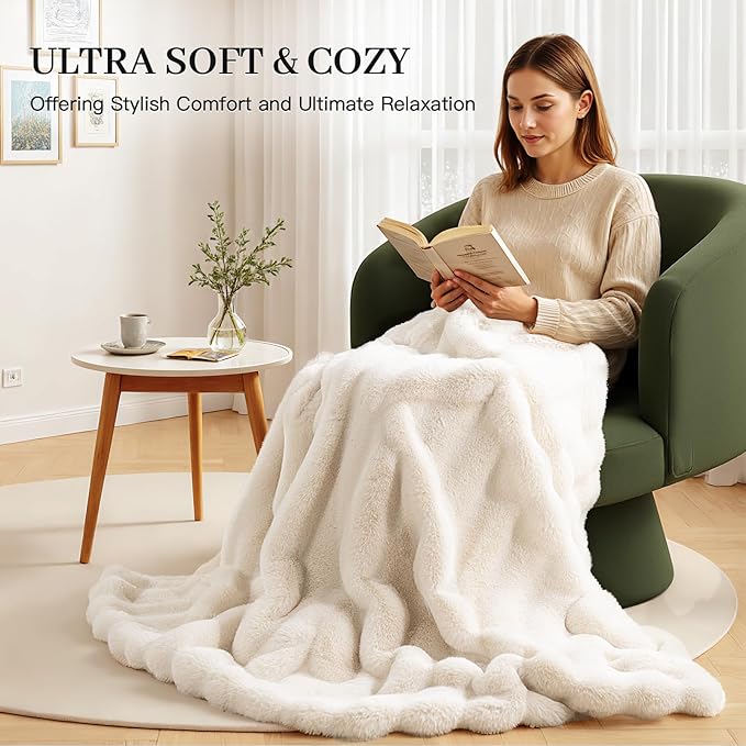 NEXHOME PRO Faux Fur Throw Blanket, Ultra Soft Cozy Warm Fuzzy Fluffy Plush Reversible Blanket for Couch, Sofa, Bed, Home Decor Gift, Beige 5060