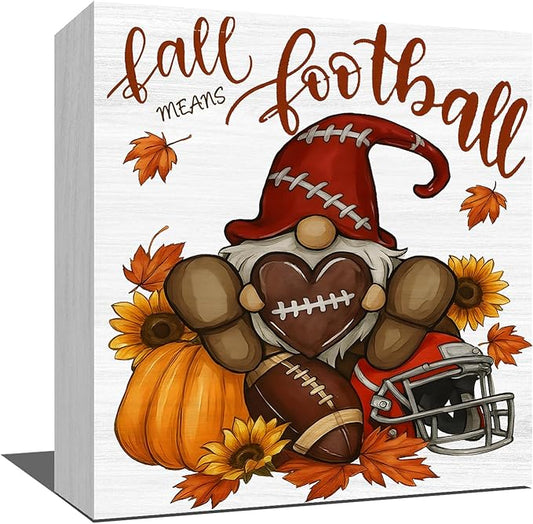 Fall Football Decor, Fall Gnomes Decorations for Home, Autumn Harvest Thanksgiving Wooden Square Sign for Home Shelf Office Decor 5 x 5 Inches