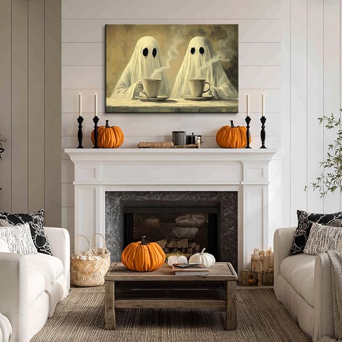 BANHUA1 Vintage Halloween Canvas Wall Art, Two Ghosts Drinking Coffee Picture Print, Dark Academia Wall Decor for Home, Living Room, Bedroom, 32 x 24 Inch