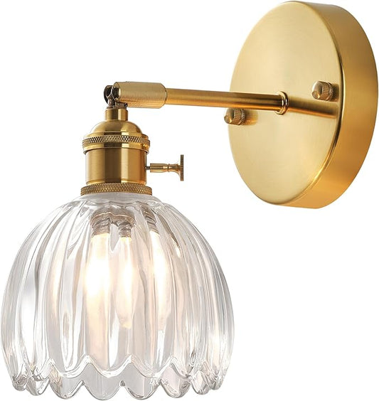 Plug in and Hardwired Wall Sconces, Luxury Vintage Tulip Crystal Glass Shade Wall Light with Switch for Bedside Bedroom Living Room (Tulip-Clear, 1)