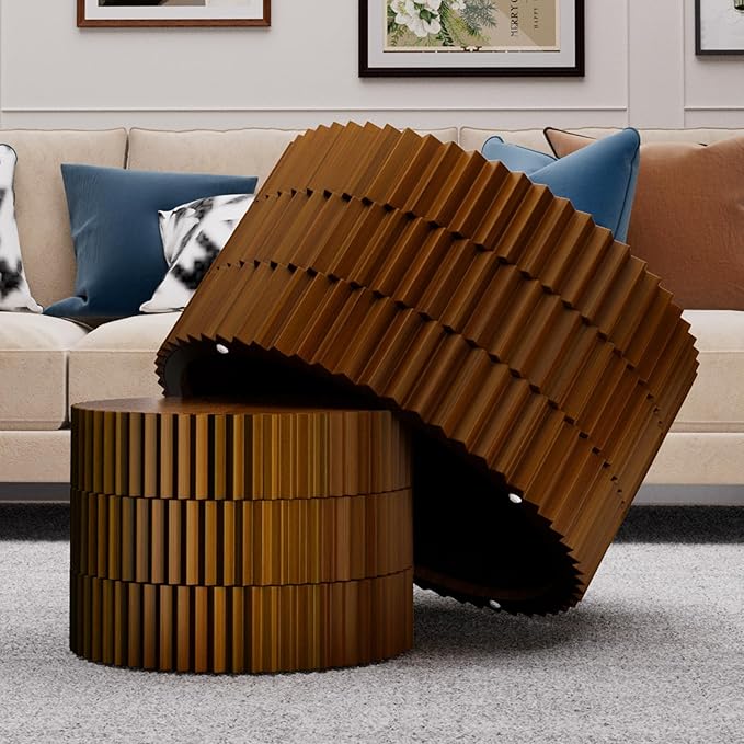 Round Nesting Coffee Table Set of 2 Walnut Round Drum Fluted Coffee Tables for Small Space Modern Stacking Nesting Tables Minimalist Circle Center Table 2 Piece for Living Room (Walnut)