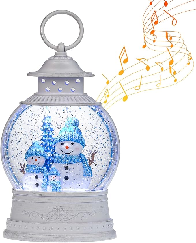 Christmas Snowman Snow Globes, Snowman Family Musical Snow Globe Lantern with Timer, Lighted Christmas Decorations Indoor, USB or Battery Operated