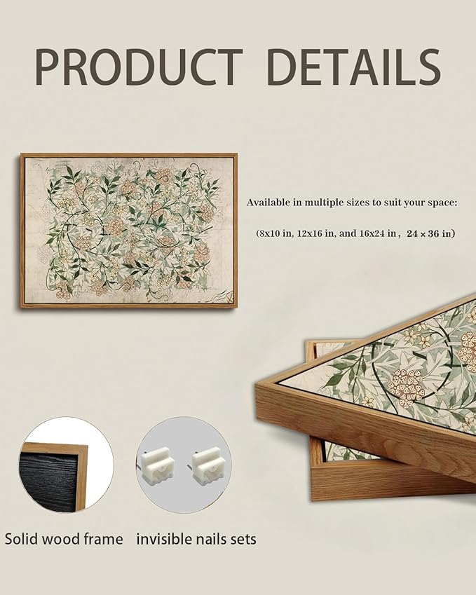 KISSFOX Vintage Floral Framed Wall Art Boho Green Beige Botanical Mandala Canvas Wall Art William Morris Farmhouse Natural Paintings Artwork Rustic Art Prints For Bedroom Bathroom Living Room