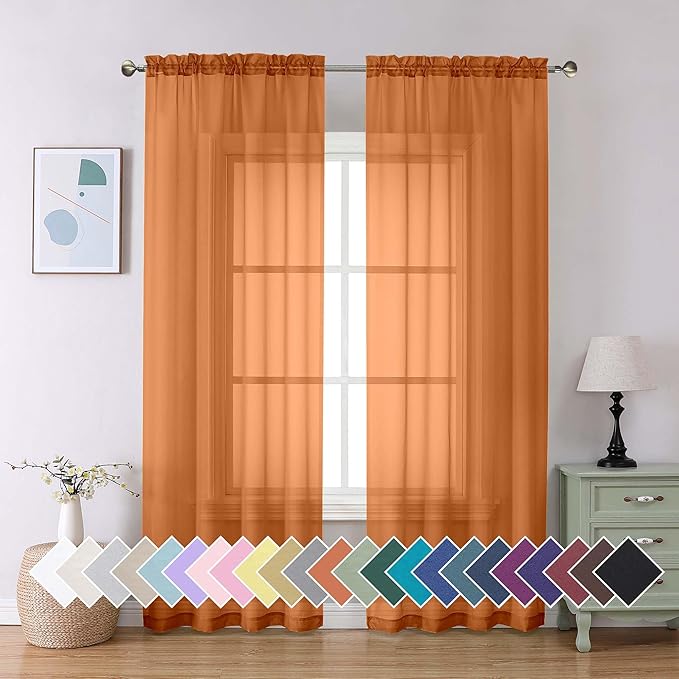 Aiyufeng Orange Sheer Curtains 84 Inches Long 2 Panels Set, Light Filtering Soft Airy Voile Rod Pocket Orange Sheer Window Drapes for Bedroom Living Room, Each 40Wx84L Inches