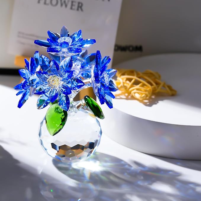 Enjinkail Handmade Crystal Daisy Figurine - Blue Glass Flowers Gifts for Women, Elegant Home Decor & Table Centerpiece