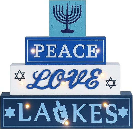 Hanukkah Decorations for Home, 4-Layered LED Wood Block with Dreidel Star of David Menorah Hanukkah Decor, Decorative Blue & White Jewish Judaism Chanukah Decor for Mantel Tabletop Party