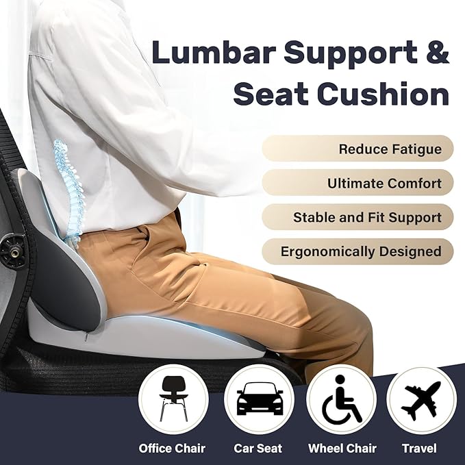 Coverado Seat Cushion and Lumbar Support Pillow for Car Office Chair, Ergonomic Memory Foam Desk Chair Cushion Back Support Pillow, Sciatica & Back & Tailbone Pain Relief Cushion