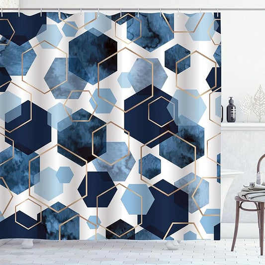 Navy Blue Geometric Shower Curtain Modern Abstract Art Blue Grid Shower Curtains for Bathroom Waterproof Polyester Fabric Bath Curtain 72 x 72 Inch with 12 Hooks
