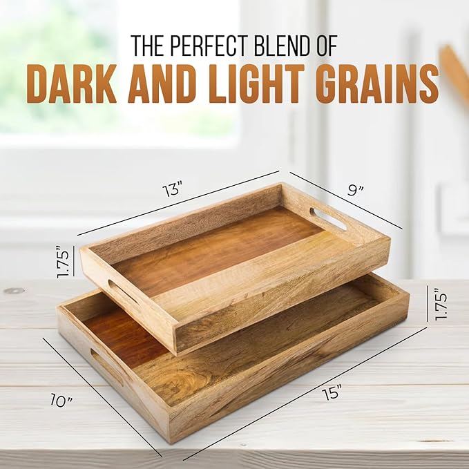 Mela Artisans Wooden Serving Tray Set of 2 with Handles | Mango Wood Ottoman Trays 15x10x1.75 & 13x9x1.75 | Decorative | Snack | Dessert | Bread | Coffee Table | Bedroom | Rectangular Edge Design