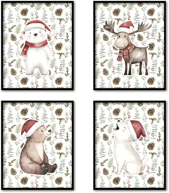 TFKFJLF Cute Christmas Animal Wall Art Poster Decor for Kids, Christmas Bear Painting Pictures Wall Decor, Winter Holidays Decorations for Nursery Bedroom Living Room, Unframed 8x10in Set of 4