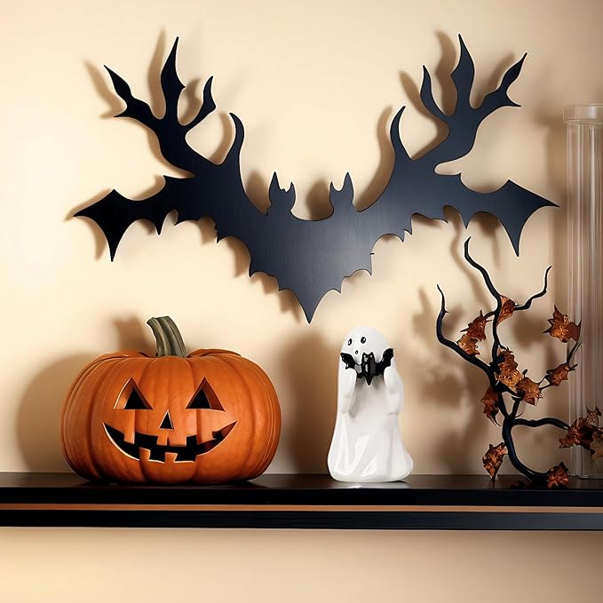 Halloween Cute Ghost Figurine with Black Bat– Resin Mini Ghost Statue for Spooky Home Decor, alloween Ghost Decor for Table, Shelf, Desk, Mantel