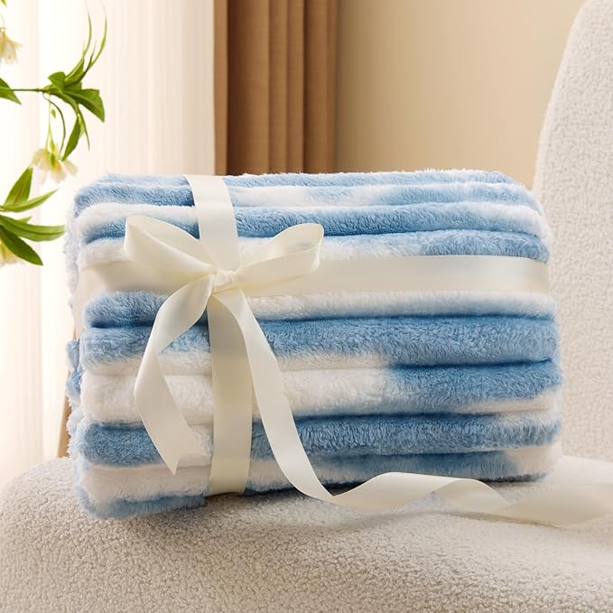 BEDELITE Twin Blanket for Couch & Bed, 300GSM Soft & Warm Fleece Blanket, Decorative and Giftable Striped Tie-dye Blue Blankets for Women, Men, 60"x80"