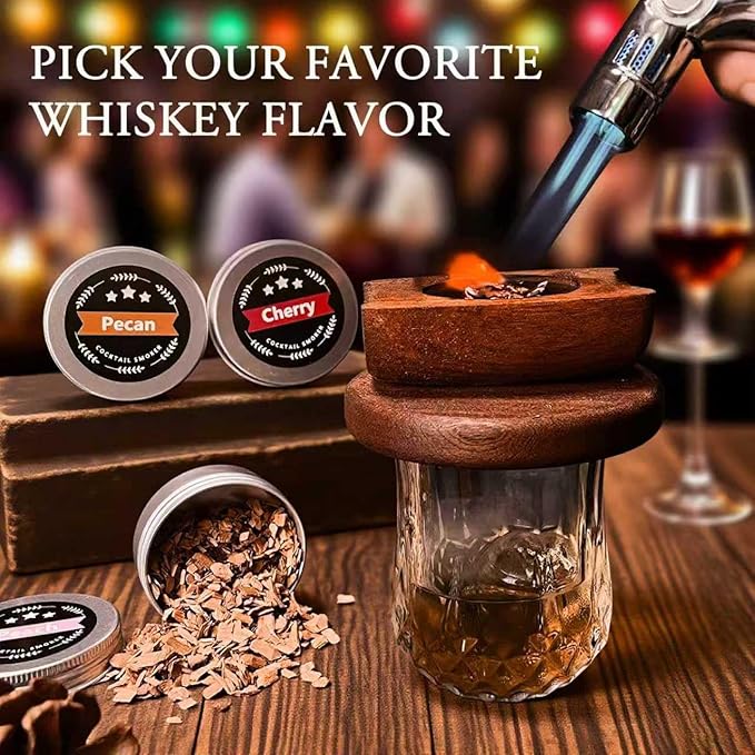 Whiskey Smoker Kit with Torch, with 6 Natural Flavors Wood Chips, Cocktail Smoker Infuser Kit, Old Fashioned Drink Smoker Set, Birthday Bourbon Whiskey Gifts for Men, Dad, Boyfirend(Without Butane)