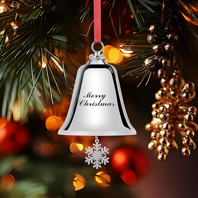 Styleonme Decorative Bells, Christmas Ornaments 2025, Engraved It's Merry Christmas 2025, Silvery Bells Decoration with Pendants Snowflakes
