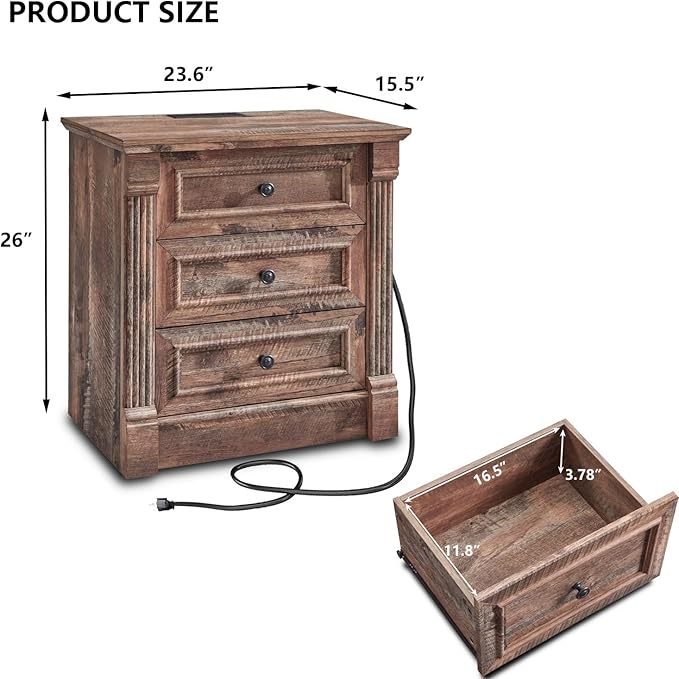 26" Tall Nightstand with Charging Station, Farmhouse 23.6" Wide Large End Table w/Roman Column, Wood Rustic Side Table w/Metal Handle, 3 Drawers Dresser for Bedroom, Living Room, Light Brown
