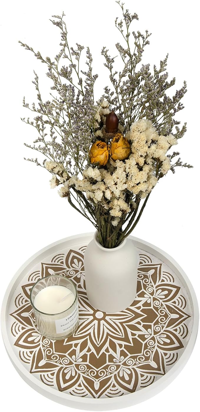 Rustic Round Wood Decorative Coffee Table Tray Farmhouse Decor with Wood Texture Boho Ottoman Serving Tray for Kitchen Counter Home (White)