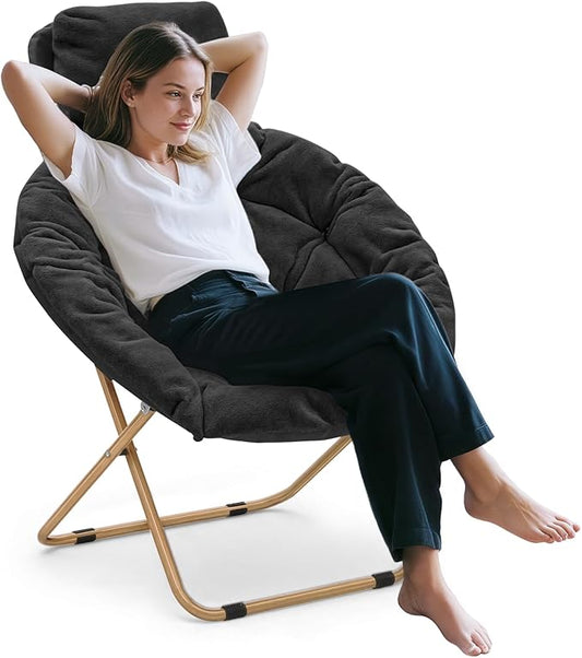 Athena Collection Comfy Saucer Chair with Headrest Oversize Round Cozy Chair Folding Chair Faux Fur Metal Frame Foldable Reading Chair Accent Chair for Bedroom Living Room, Black
