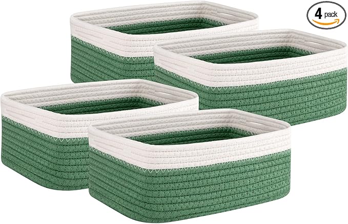 OIAHOMY 4 Pack Storage Baskets for Organizing, Small Bins for Shelves, Cute Decorative Storage Bins, Organizer Baskets for Gifts Empty, 11.8''Lx7.8''Wx4.7''H, Green/White
