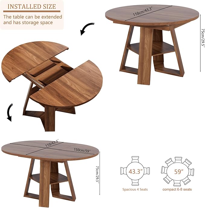 43.3in-59in Extendable Round Dining Table for 4-6,Modern Kitchen Oval Dining Table with Removable Leaves Space Saving,Wood Base with Storage Shelf for Kitchen Living Room