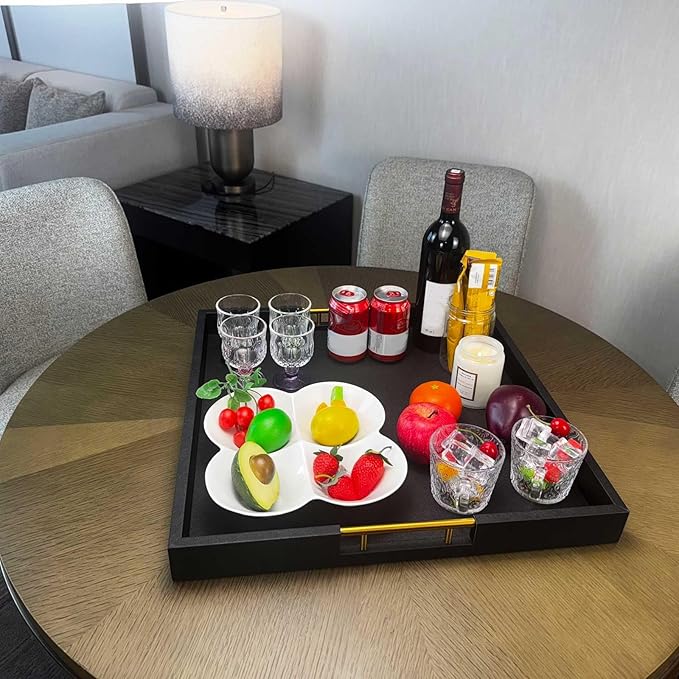 20x20 Inches Large Black Faux Leather Wrapped Wood Ottoman Tray with Handles for All Occasions, Serving Food Breakfast On Bed, Home Decor Decorative, Living Room,Square Coffee Table Organizer