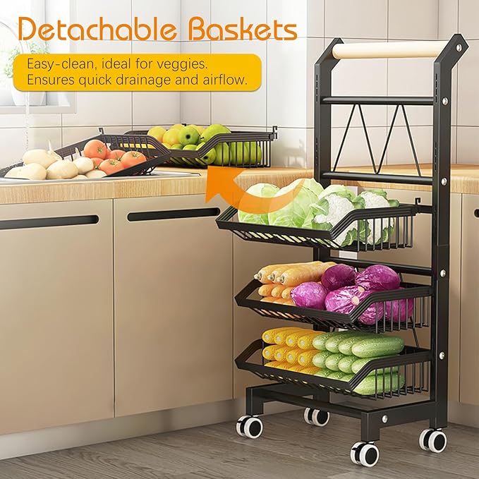 4-Tier Kitchen Utility Cart with Wheels - Versatile Mobile Storage Organizer with Adjustable Baskets for Kitchen, Pantry, Fruits, Vegetables, Snacks