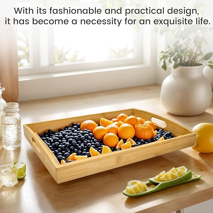 Bamboo Serving Tray with Handles Set of 2 - Decorative Wooden Trays for Eating, Working, and Storing, Suitable for Use in Bedroom, Living Room, Kitchen, Bathroom, Outdoor Scenarios and More