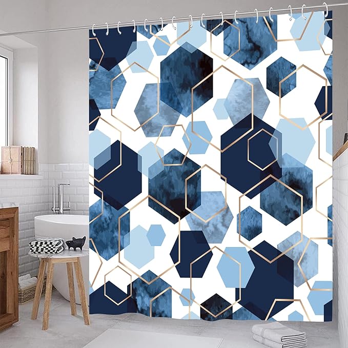 Navy Blue Geometric Shower Curtain Modern Abstract Art Blue Grid Shower Curtains for Bathroom Waterproof Polyester Fabric Bath Curtain 72 x 72 Inch with 12 Hooks