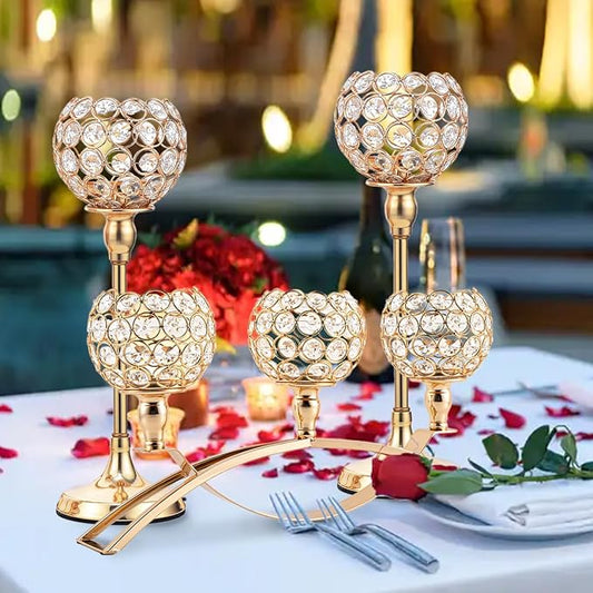 Vincigant Gold Crystal Candle Holders Set of 8 with 4Sets Crystal Candelabra 3 Arm Candlesticks Holder Table Centerpiece,Candelabra Centerpieces for Wedding Party Anniversary Home Living Room Decor