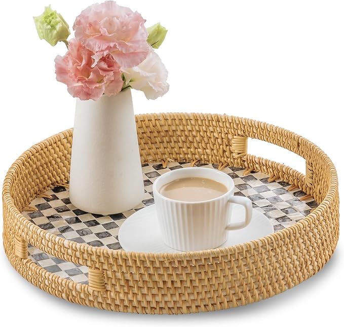 13.8 in Round Rattan Serving Tray with Handle, Mother of Pearl Tray Wooden Base, Decorative Wicker for Table, Kitchen Island & Home Decor (Black Checkerboard)