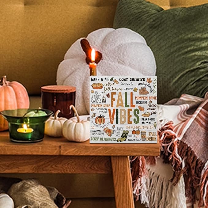 Autumn Thanksgiving Happy Fall Pumpkin Drink Maple Leaf Office Bedroom Dining Room Decor Wooden Box Block Plaque Wood Products Sign for Desk Table Tabletop Decor 5 x 5 inches Tub1601