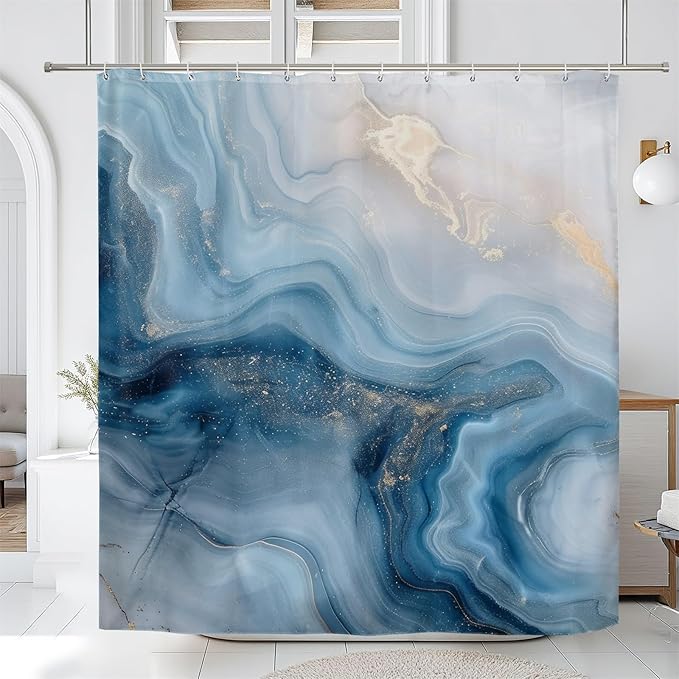 Renaiss Blue Ombre Marble Shower Curtain Modern Large Waterproof Fabric Gold Gilt Design Bathroom Shower Curtain Abstract Bath Accessories Set Hooks Hotel Home Luxury Decor Washable 72" W x 84" L