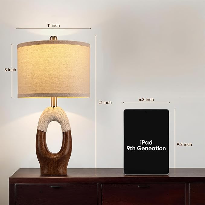 Set of 2 Boho Rattan Table Lamps,21" Farmhouse Rustic Table Lamp for Bedroom Night Stands,Wood Grain Color Resin Bedside Lamps with Linen Shades for Living Room Coastal Beach Decor(Bulbs Not Included)