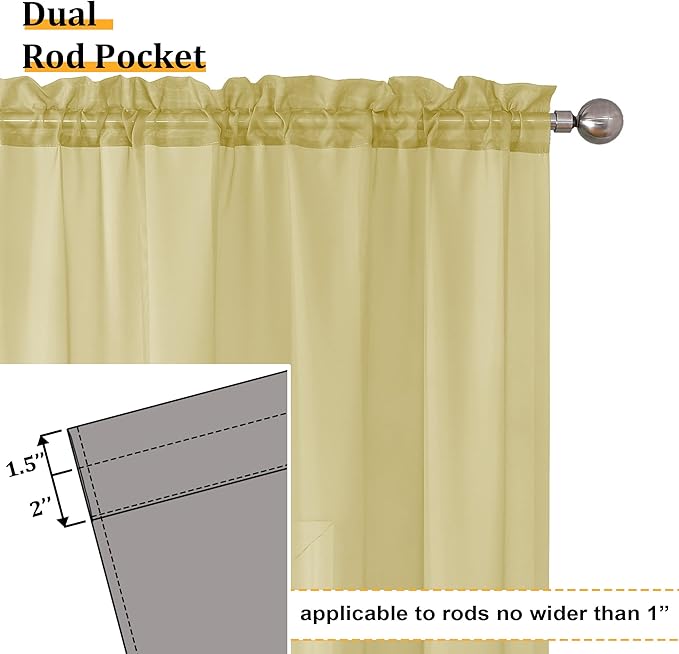 Aiyufeng Yellow Sheer Curtains 63 Inches Long 2 Panels Set, Semi Transparent Voile Rod Pocket Sheer Window Drapes for Bedroom Bed Canopy Living Room Dining Wedding Party Backdrop, 40W x 63L inch