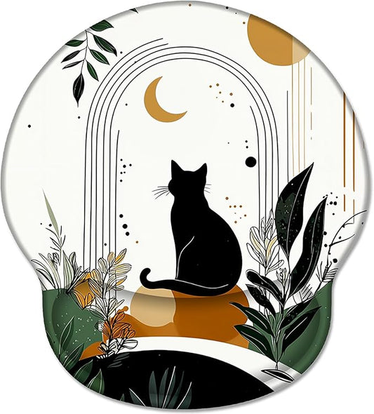 Ergonomic Mouse Pad Wrist Support, Black Cat Boho Gel Mouse Pads with Wrist Rest, Cute Comfortable Pain Relief Mousepad with Non-Slip PU Base for Gaming Work Desk Accessories Office Decor