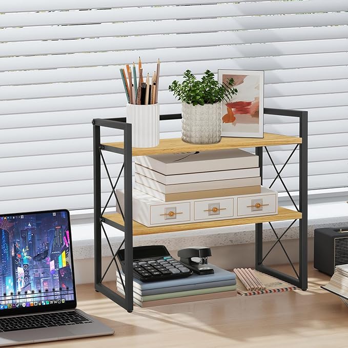 YINMIT Desktop Shelf Organizer, 2 Tier Office Shelves, Wood Desk Organizer Storage Rack and Freestanding Display Shelf for Office, Dormitory, Home (Black Wood)