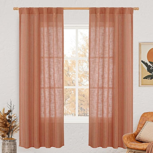 LAMIT Light Filtering Linen Curtains 72 inches Long for Bedroom, Linen Textured Semi Sheer Back Tab and Rod Pocket Boho Drapes for Window/Living Room, Terracotta, 2 Panels, 34 x 72 Inch
