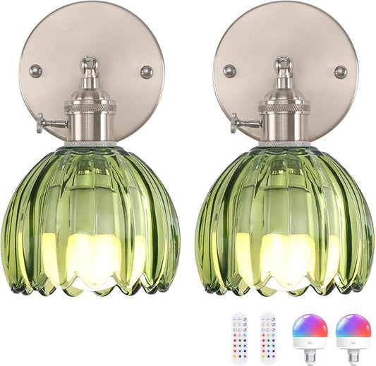 Battery Operated Wall Sconce with Cute Green Tulip Glass Lampshade Rechargeable Wireless Wall Light with Remote Control for Bedside Bedroom Doorway, Satin Nickel, Set of 2