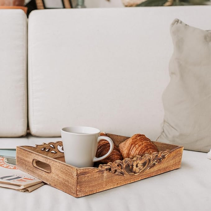 Mela Artisans Orchid Design Wooden Decorative Tray with Handles | 16x12x2.5 Mango Wood Ottoman Tray | for Kitchen Countertop | Coffee Table | Snacks | Desserts | Breads | Bedroom Decor