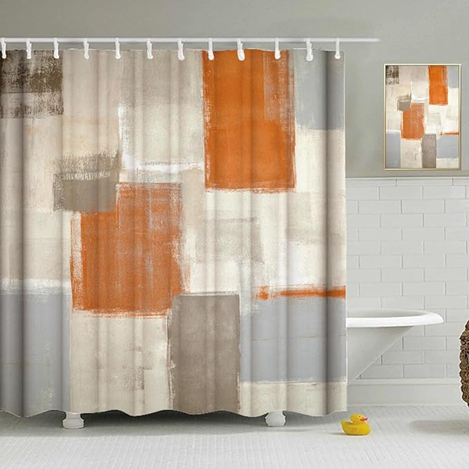 Orange and Grey Shower Curtain Abstract Painting Modern Shower Curtains for Bathroom Waterproof Polyester Fabric Bathroom Curtain 72 x 72 Inch with 12 Plastic Hooks