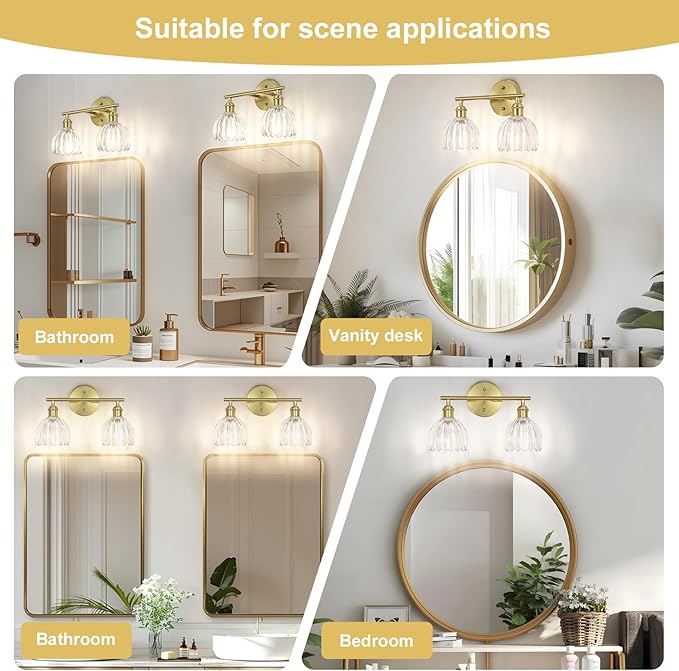 Vintage Bathroom Light Fixtures,2-Light Hardwired Vanity Lights Over Mirror,Gold Wall Sconces with Clear Tulip Glass Shade for Bathroom Living Room,E26 Socket(Bulbs Not Included)
