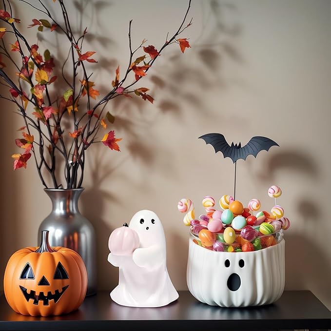 Halloween Cute Ghost Figurine with Pink Pumpkin– Resin Mini Statue, Romantic Shelf & Desk Decor, Halloween or Valentine’s Day Gift for Home, Office, and Friends
