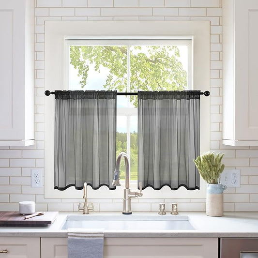 MIULEE 2 Panels Kitchen Tiers Half Window Sheer Halloween Curtains-Rod Pocket Voile Drapes for Kitchen Bathroom-Small Windows 29 by 36 Inch Black