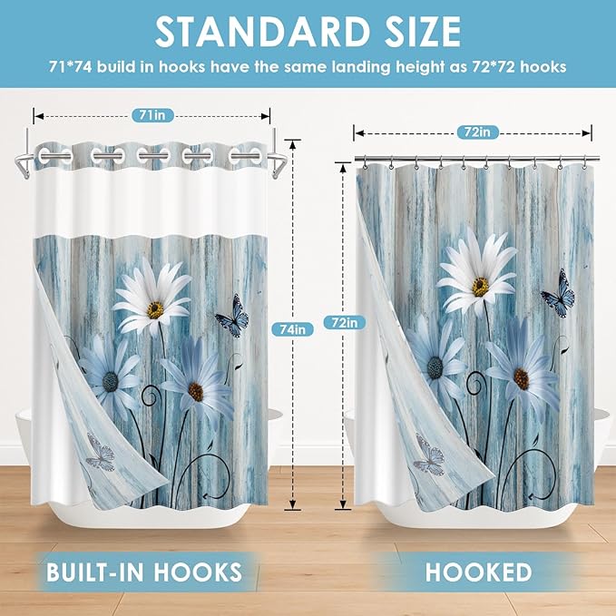 No Hook Blue Daisy Shower Curtain with Snap in Fabric Liner Set, Wooden Boards Double Layers Waterproof Fabric with See Through Top Window Open Grommet Bath Curtain 71x74 Inch